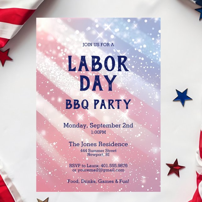 Convite Partido do CHURRASCO no Dia do Trabalho Vermelho A (Labor Day BBQ Party Invitation - Patriotic Summer Cookout in Glitter Red, White & Blue)