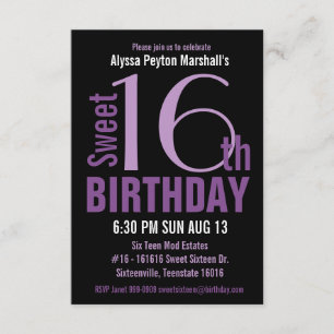 Convite Partido do doce moderno preto e roxo do texto 16o