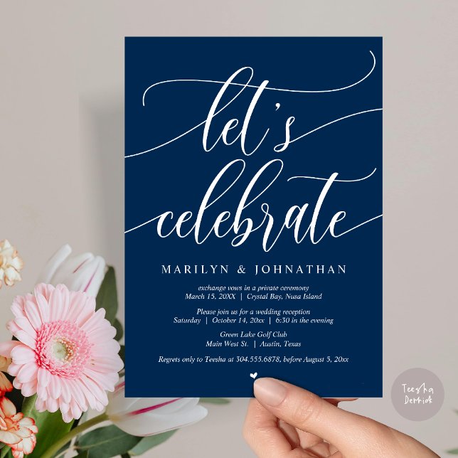 Convite Partido do Elopemento de Casamento de Celebração d (Let's Celebrate Wedding Elopement Dinner Lunch Brunch Party Invitation Card, PDF, in Navy Blue)