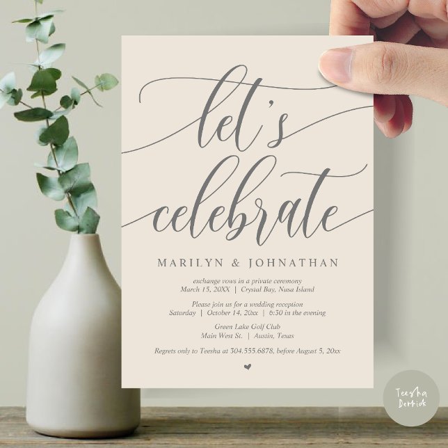 Convite Partido do Elopemento de Casamento de Celebração d (Let's Celebrate Wedding Elopement Dinner Lunch Brunch Party Invitation Card, PDF, in Cream Grey)