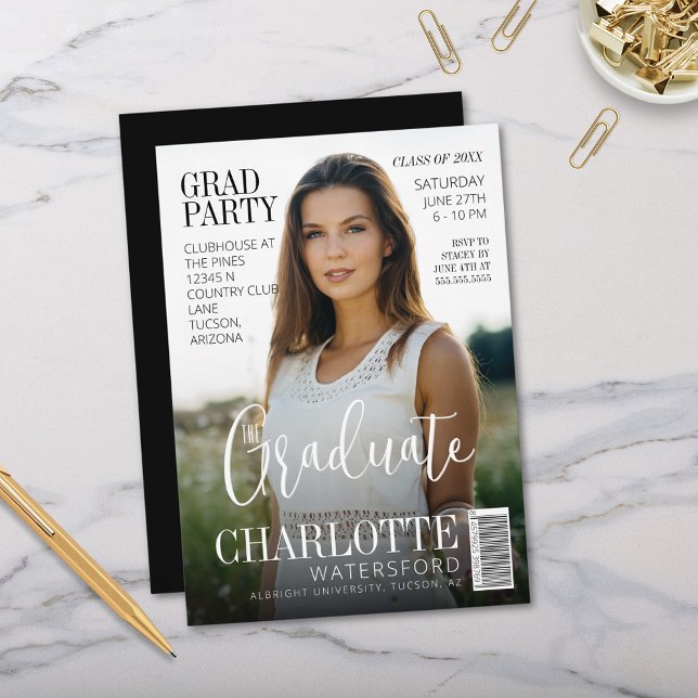 Convite Partido do Formando da Revista do Formando Moderno (Modern graduation invitation for grad party magazine cover style with name school and stylish script)