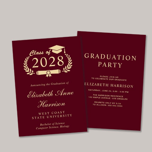 Convite Partido do Formandos da Borgonha do Script Elegant (An elegant college graduation party invitation to celebrate the graduate's achievements)