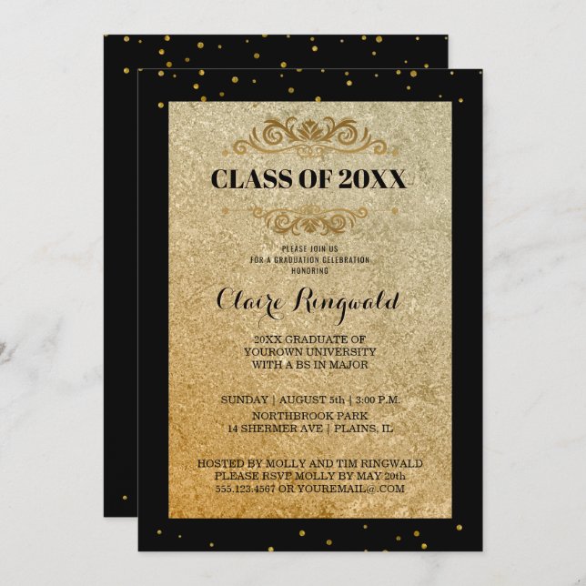 Convite Partido do Formandos Formal Dourado Elegante (Frente/Verso)