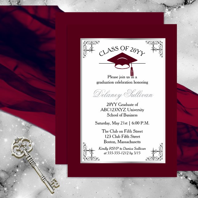 Convite Partido do Formandos Formal Elegante (Elegant Formal Silver Tone and Burgundy College | University Graduation Party Invitation )