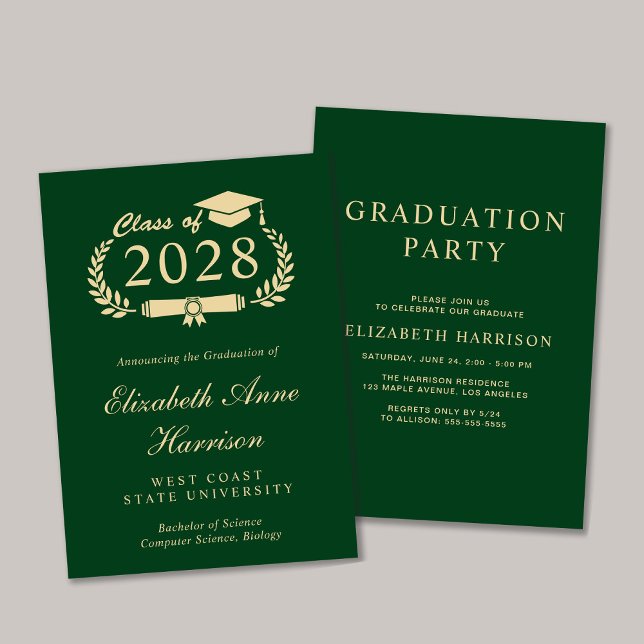 Convite Partido do Formandos Verde Elegante Script (An elegant college graduation announcement to celebrate the graduate's achievements)