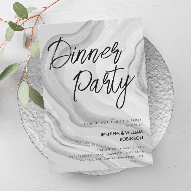 Convite Partido do Janto de Script do Silver Glitter Marbl (Silver Glitter Marble Script Dinner Party Invitation)