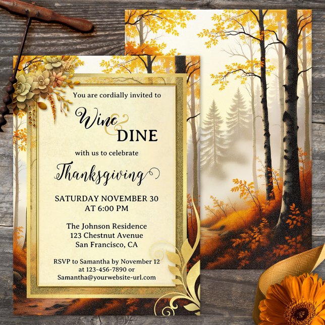 Convite Partido do Janto Elegante Dourado de Ação de Graça (Thanksgiving dinner party invitation featuring a gold stylized design with leaves and forest path)