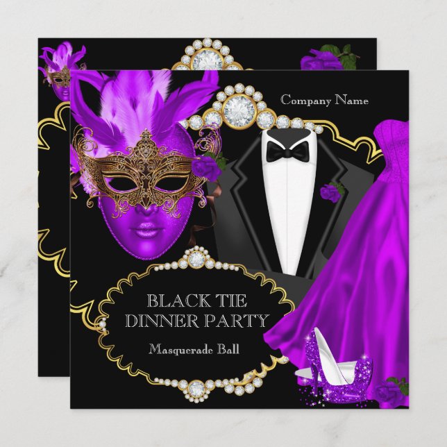 Convite Partido do Janto mascarada Ball Purple Black Tie (Frente/Verso)