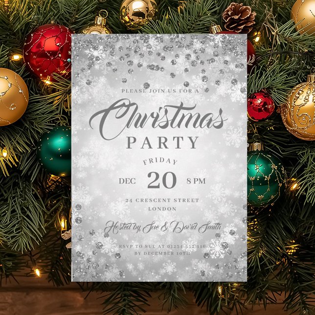 Convite Partido do Janto Xmas Prateado Ouros Invernos Bril (Xmas Dinner Party Silver Winter Diamonds Glitter Invitation)