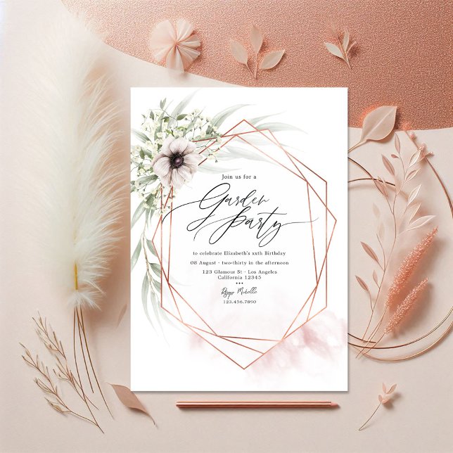 Convite Partido do Jardim Geométrico Dourado, Rosa e Rosa (Blush Pink and Rose Gold Geometric Garden Party Invitation)