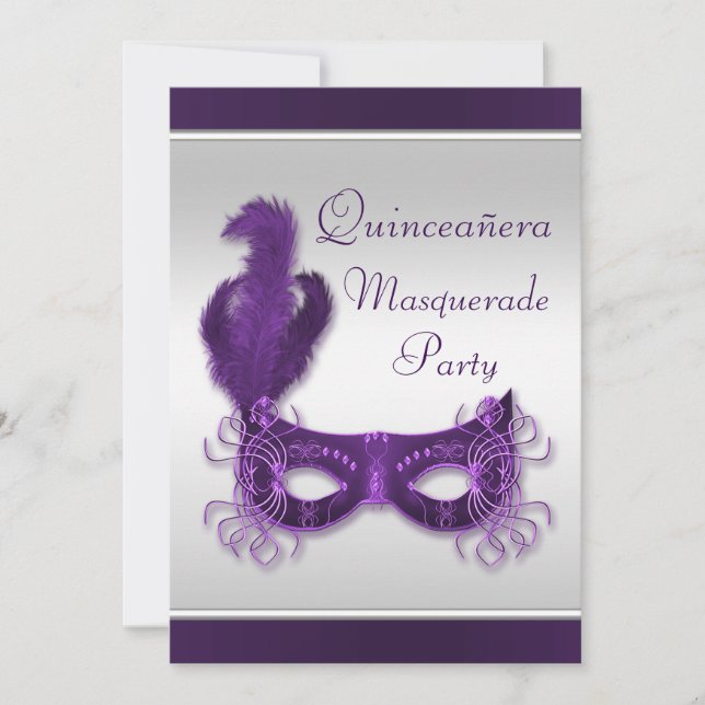 Convite Partido do mascarada de Quinceañera no roxo & na (Frente)