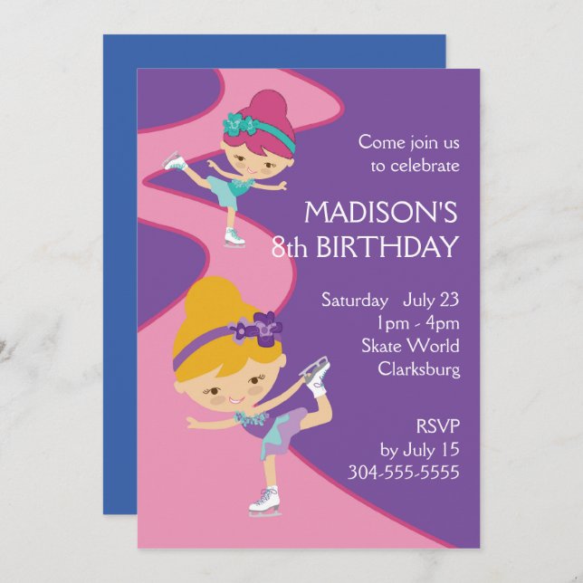 Convite Partido do patinagem no gelo da menina (Frente/Verso)