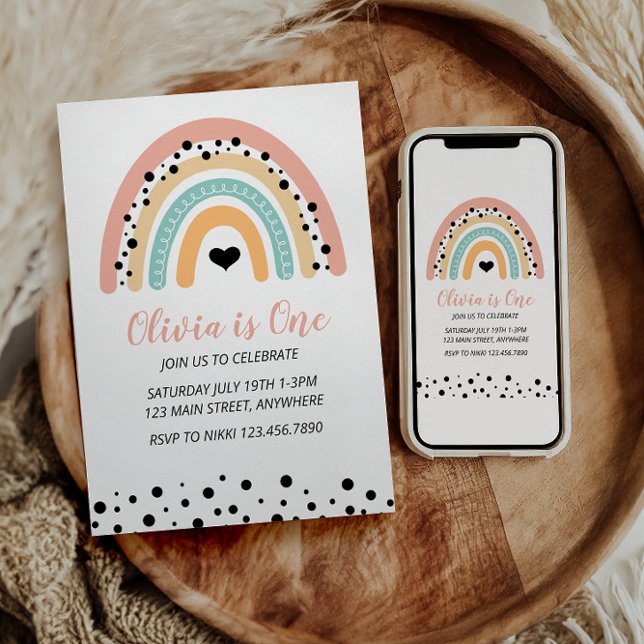 Convite Partido do primeiro aniversario Arco-Íris e Coraçõ (Criador carregado)