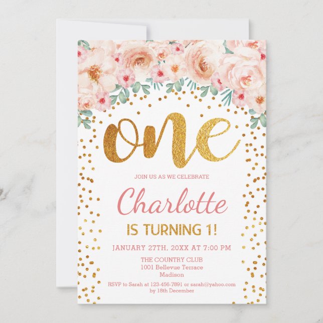 Convite Partido do primeiro aniversario - Cor-de-rosa Dour (Frente)