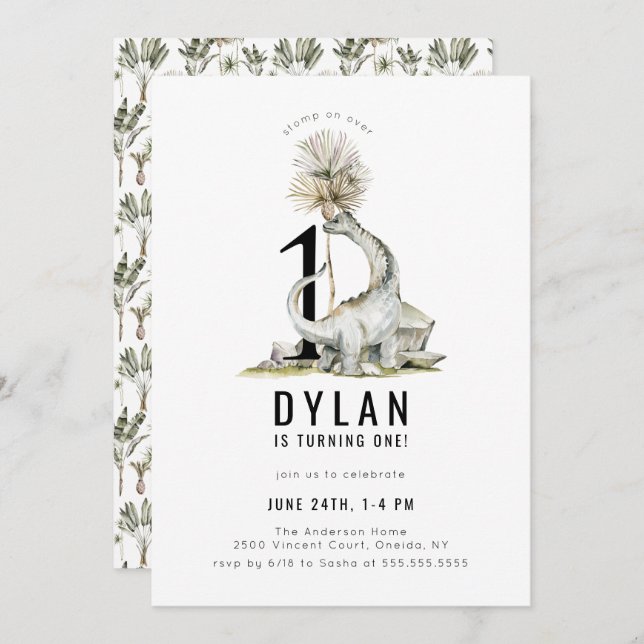 Convite Partido do primeiro aniversario do Tema Dinossauro (Frente/Verso)