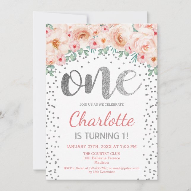 Convite Partido do primeiro aniversario - Prata Branca Ros (Frente)