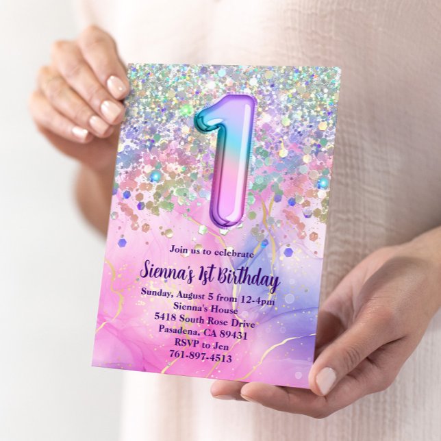 Convite Partido do primeiro aniversario Rainbow Sparkle Gl (Criador carregado)