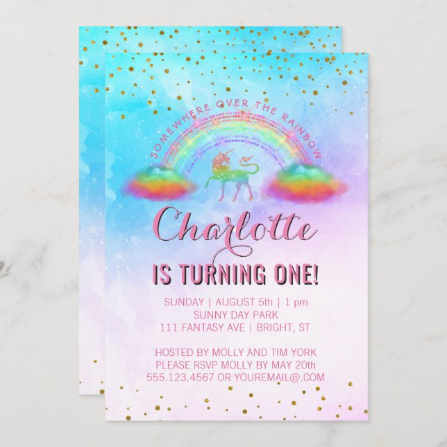 Convite Partido do primeiro aniversario Rainbow Unicorn Wa (Frente/Verso)