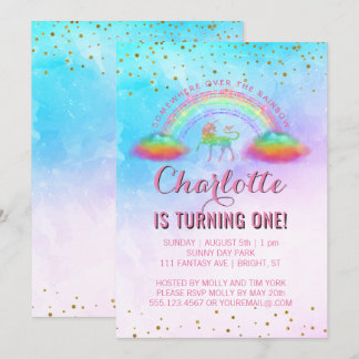 Convite Partido do primeiro aniversario Rainbow Unicorn Wa