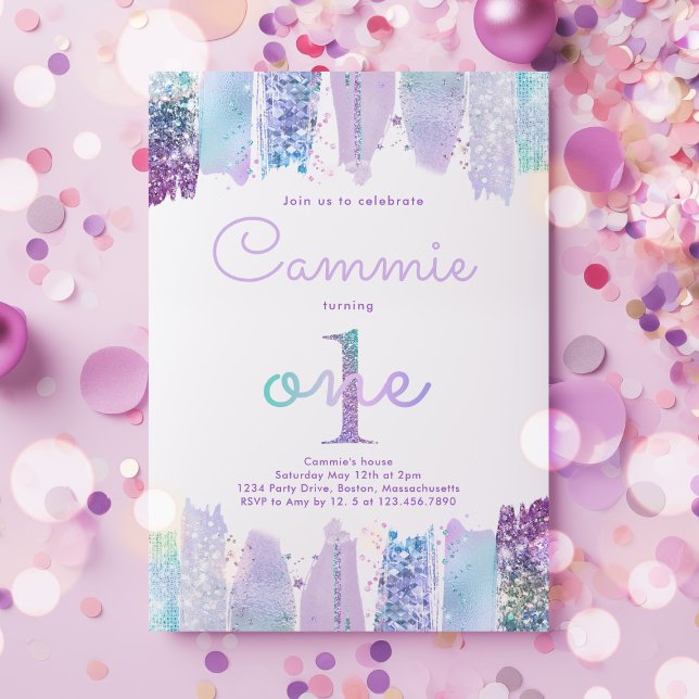 Convite Partido do primeiro aniversario Roxo Roxo Iridesce (Criador carregado)