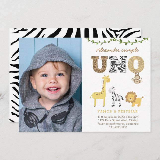 Convite Partido do primeiro aniversario Safari em espanhol (Frente/Verso)