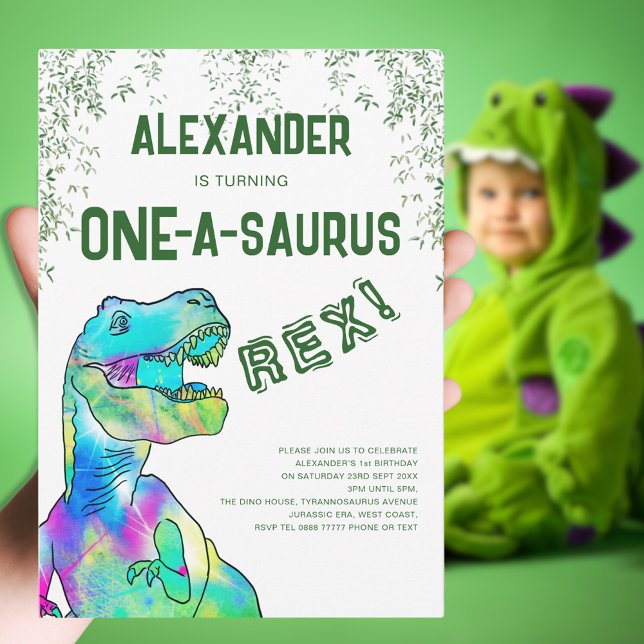 Convite Partido do primeiro aniversario Um-A-Saurus Dinoss (One-a-saurus Rex dinosaur 1st birthday party green invitation colorful T-Rex dino Jurassic jungle)