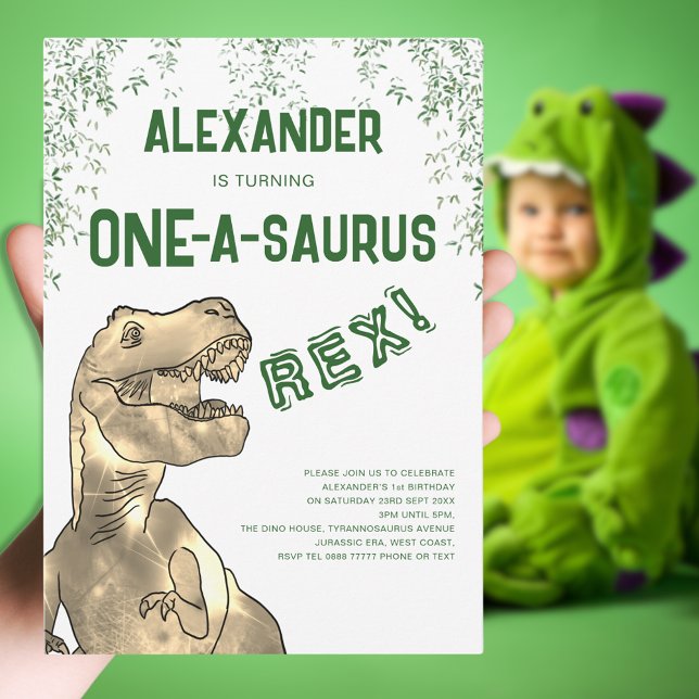 Convite Partido do primeiro aniversario Um-A-Saurus Dinoss (One-a-saurus 1st dinosaur birthday party invitation with T-Rex and Jurassic jungle foliage)