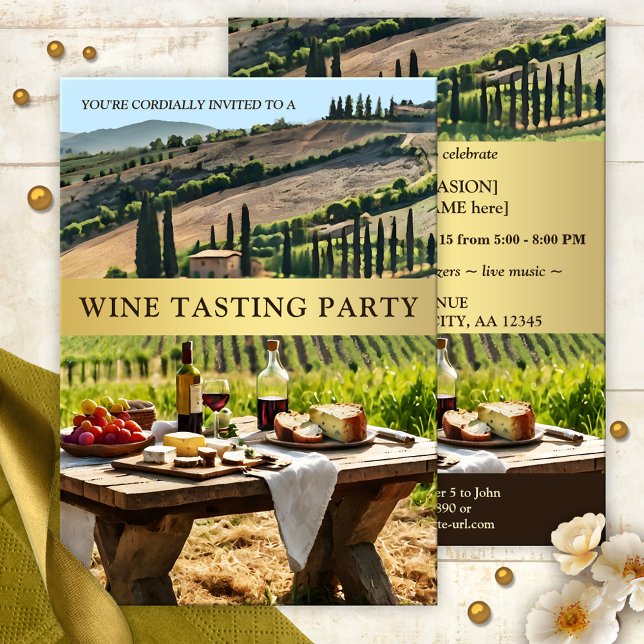 Convite Partido do Provando de Vinho Exterior Italiano (Italian style outdoors wine tasting party invitation featuring a Tuscan landscape with red wine)