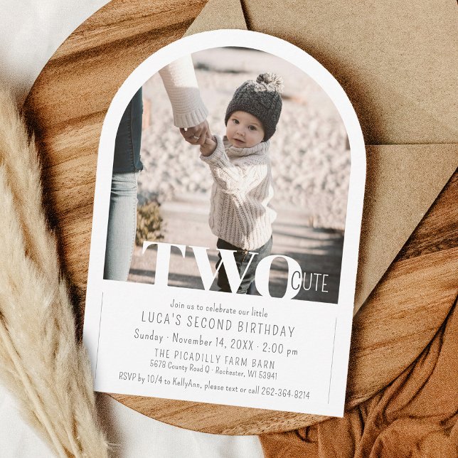 Convite Partido do segundo aniversário de Arch de Fotograf (Printable TWO CUTE arch photo minimalist modern children kids girl or boy birthday party invitation)