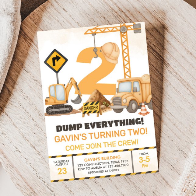 Convite Partido do segundo aniversário de Caminhões de Con (Construction Trucks 2nd Birthday Party Invitation)