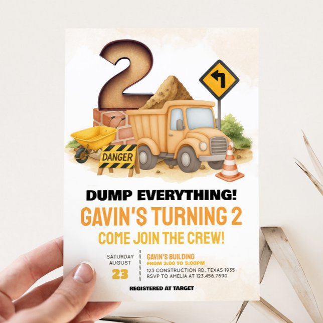 Convite Partido do segundo aniversário de Construção (Construction Truck 2nd Birthday Party Invitation)