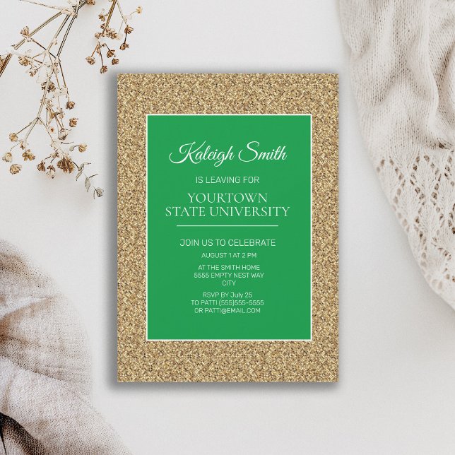 Convite Partido do Tronco Colégio Elegante Dourado Glitter (Green and gold glitter graduation trunk party invitation)
