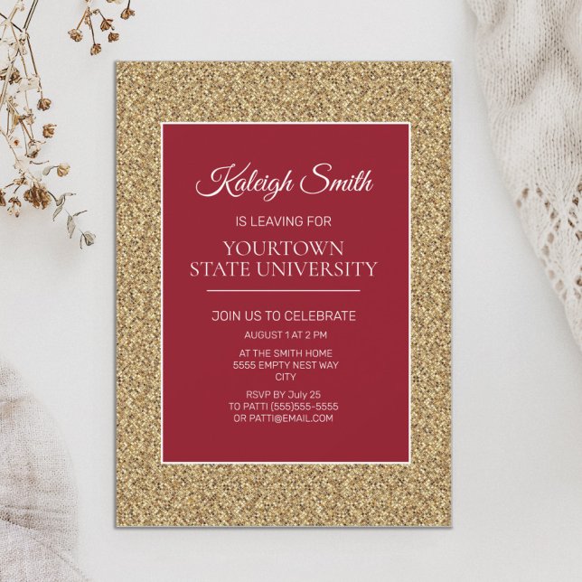 Convite Partido do Tronco Colégio Vermelho Dourado Elegant (Elegant red and gold graduation trunk party invitation)