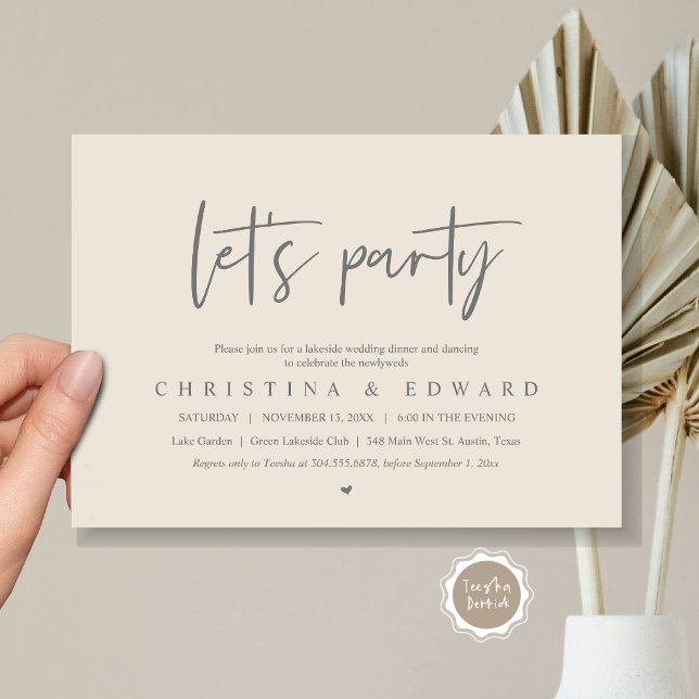 Convite Partido do vamos, Elopemento do Casamento, Minimal (Let's Party, Wedding Elopement Dinner Invitation Card, Printed and Digital File, in Grey and Cream)