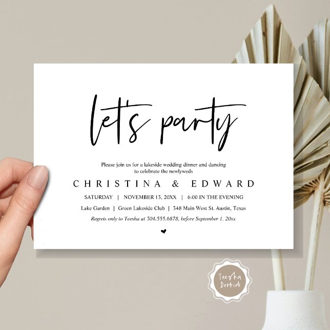 Convite Partido do vamos, Elopemento do Casamento, Minimal (Let's Party, Wedding Elopement Dinner Invitation Card, Printed and Digital File, in Black and White)