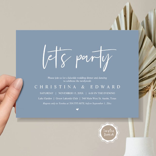 Convite Partido do vamos, Elopemento do Casamento, Minimal (Let's Party, Wedding Elopement Dinner Invitation Card, Printed and Digital File, in dusty blue)