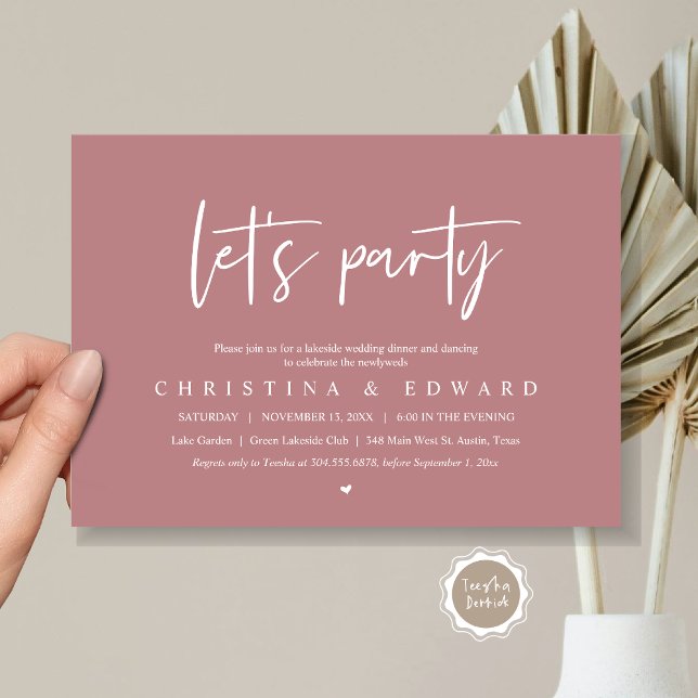 Convite Partido do vamos, Elopemento do Casamento, Minimal (Let's Party, Wedding Elopement Dinner Invitation Card, Printed and Digital File, in dusty rose pink)