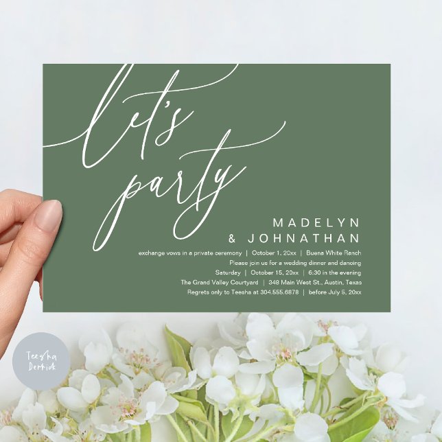 Convite Partido do vamos, Janto Romântico de Casamento e D (Let's Party, Romantic Charm Wedding Dinner Dancing Lunch Brunch Invitation Card PDF Sage Green)