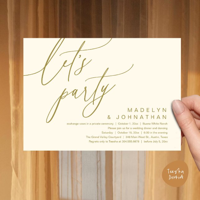 Convite Partido do vamos, Janto Romântico de Casamento e D (Let's Party, Romantic Charm Wedding Dinner Dancing Lunch Brunch Invitation Card PDF Yellow gold)