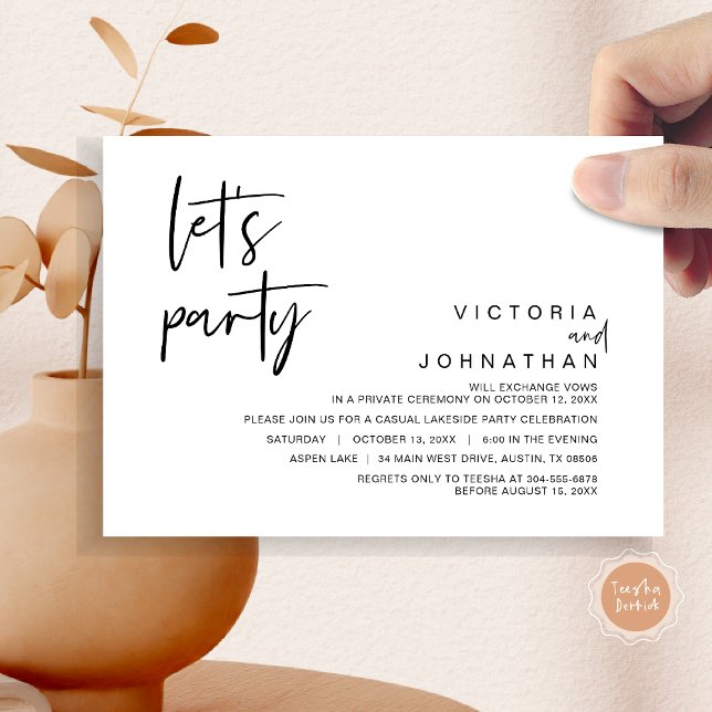 Convite Partido do vamos, Partido do Elopemento do Casamen (Let's Party, Wedding Elopement Dinner Invitation Card, Modern Minimalist Script, in Black and White)