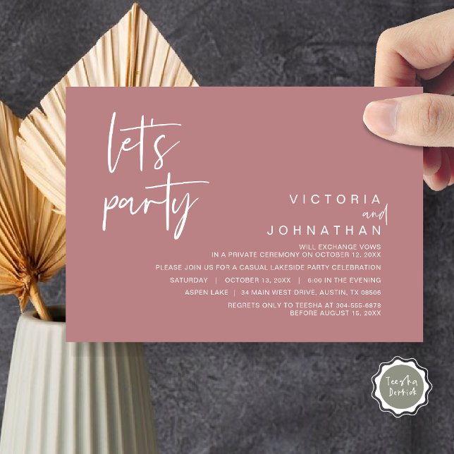 Convite Partido do vamos, Partido do Elopemento do Casamen (Let's Party, Wedding Elopement Dinner Invitation Card, Modern Minimalist Script, in Dusty rose pink)