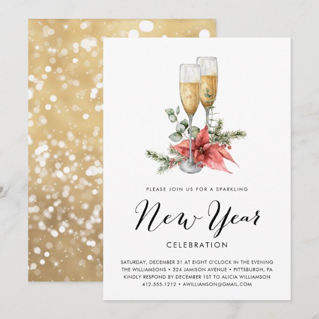 Convite Partido dos Anos novos de Champanhe e Greenery (Frente/Verso)