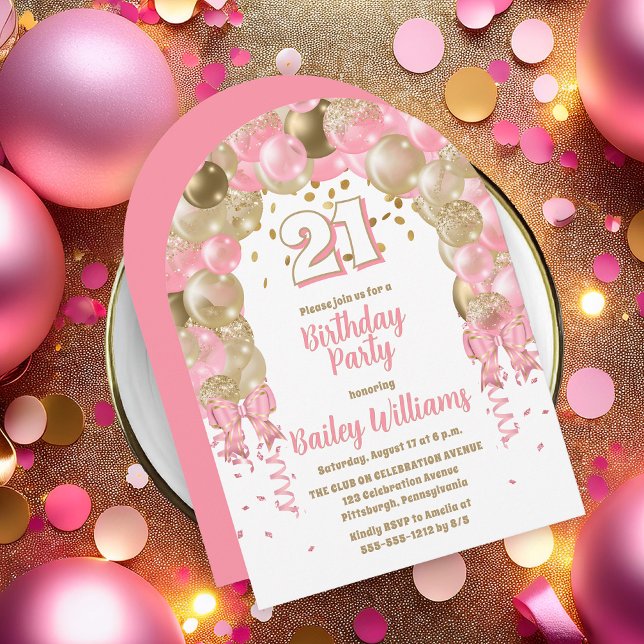 Convite Partido dos Balões de Celebração Dourada Rosa (Pink | Gold  Balloons "21" 21st Birthday Party Invitations - Print and/or Download Available)