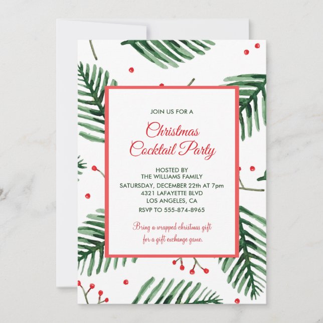 Convite Partido dos Cocktail de Natal Elegante Evergreen (Frente)