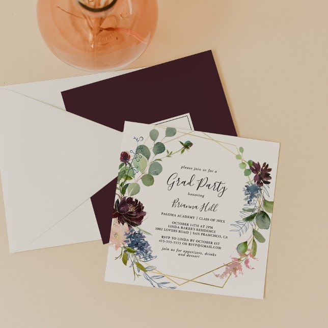 Convite Partido dos Formando Geométricos Dourados Burgundy (Criador carregado)