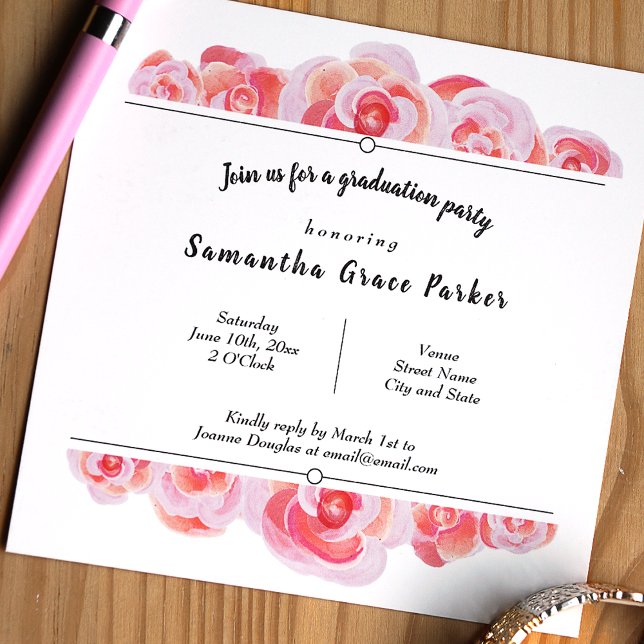 Convite Partido dos Rosas Botânicos Rosa e Creamsicle (Peach, pink, and black floral graduation party invitation for a Spring botanical roses theme)