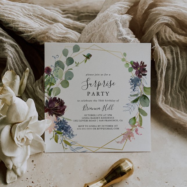 Convite Partido Dourado de Surpresa Geométrica Burgundy (Criador carregado)