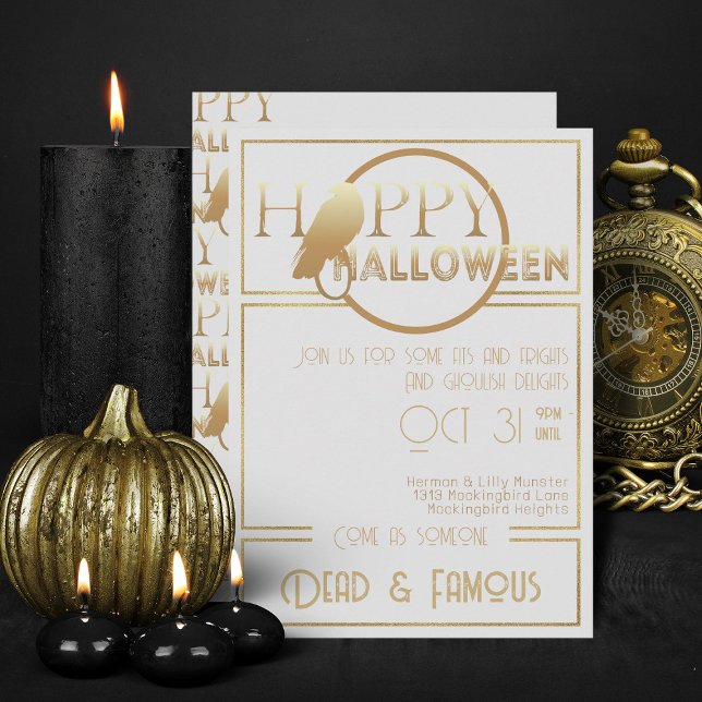 Convite Partido Dourado Elegante Adulto Moderno e Branco (Elegant White And Gold Halloween Invitations)
