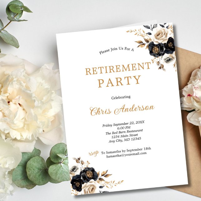 Convite Partido Dourado Floral Elegante Moderno da Reforma (Black Gold Watercolor Florals Retirement Party Invitation. Elegant and Modern. Printed or Digital )