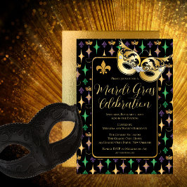 Convite Partido Dourado Mask Fleur de Lis Mardi Gras